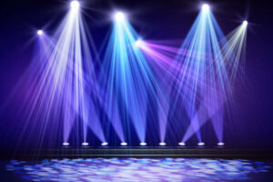 Various stage lights in the dark. Spotlight on stage. Vector